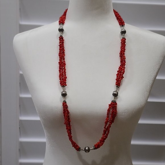 CAROLYN POLLACK Triple Strand Natural Red Coral Nugget .925 Native Pearl Beads - Picture 5 of 12